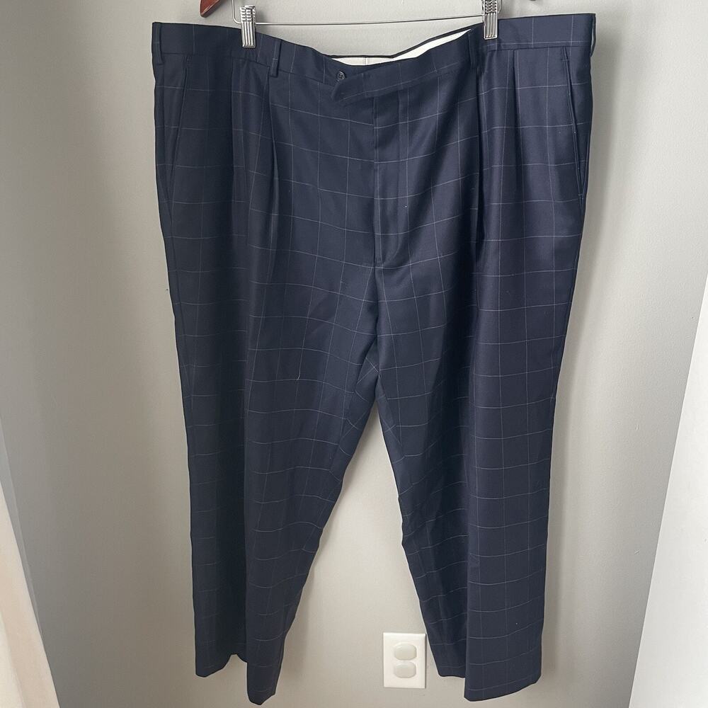 Paul Fredrick Wool Navy Men’s Dress Pants Plaid Size 46R, Length 26‎ Inseam